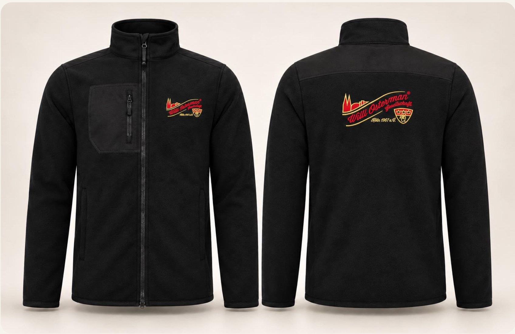 Schwarze Fleecejacke mit gesticktem WOG-Logo, Vorder- und Rückansicht